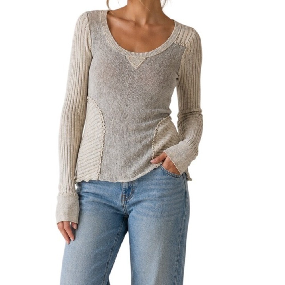 Anthropologie Saturday/Sunday Gray Mixed Patchwork Long Sleeve Top Women's Large